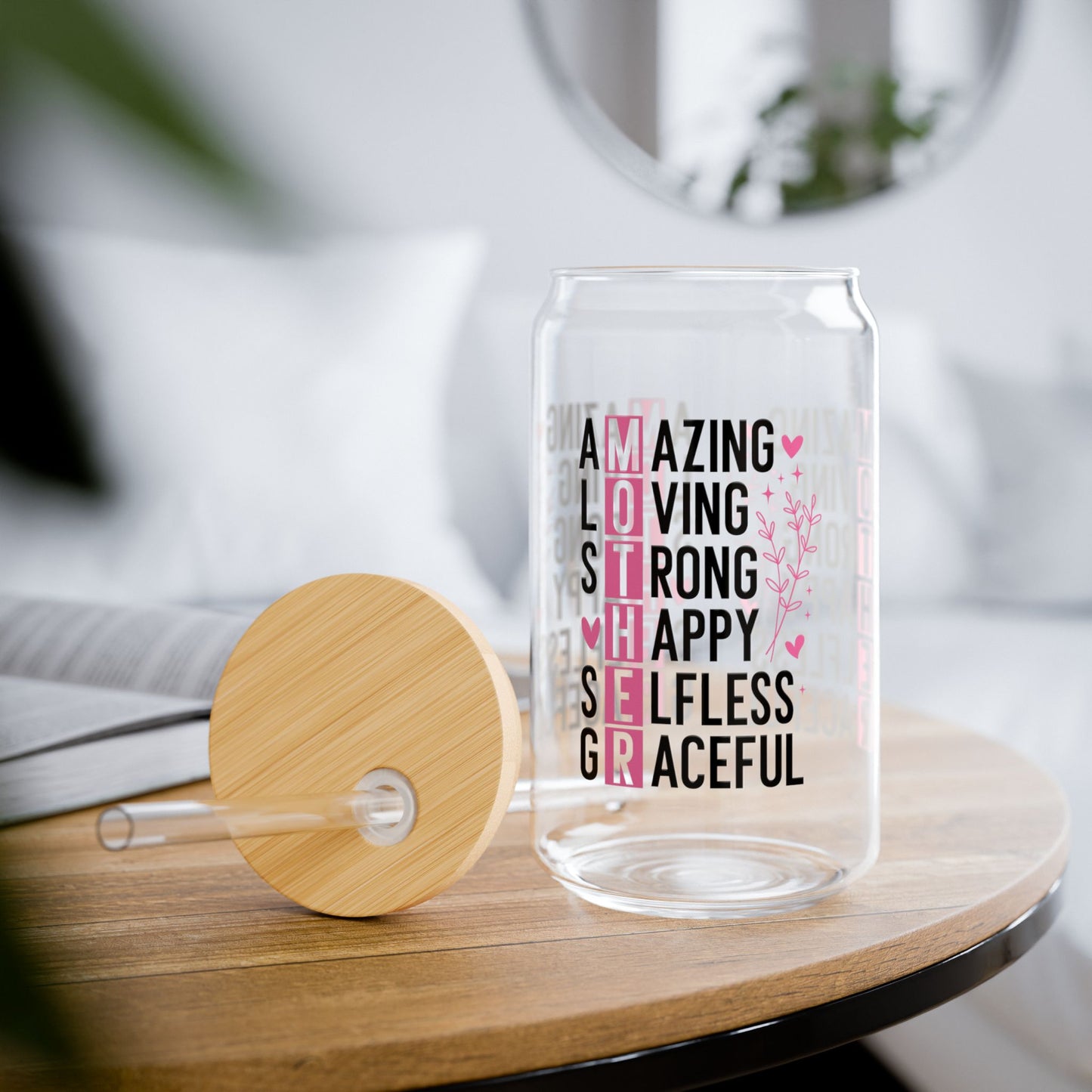 Inspirational MOTHER Acronym Sipper Glass – 16oz with Bamboo Lid & Straw - Kim’s Signature Beauty & Accessories    