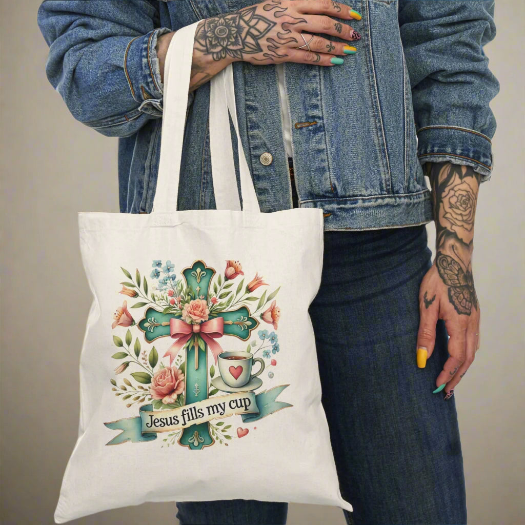 Inspirational Tote Bag - Jesus Fills My Cup - Kim’s Signature Beauty & Accessories    