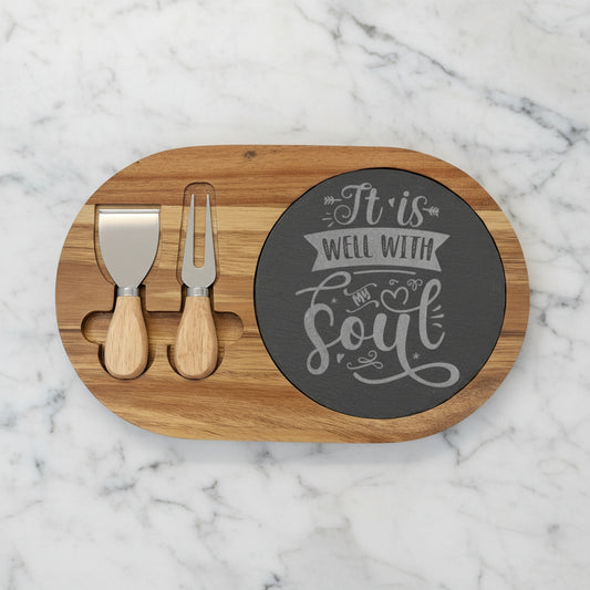 It Is Well with My Soul Engraved Acacia & Slate Charcuterie Board Set - Kim’s Signature Beauty & Accessories    