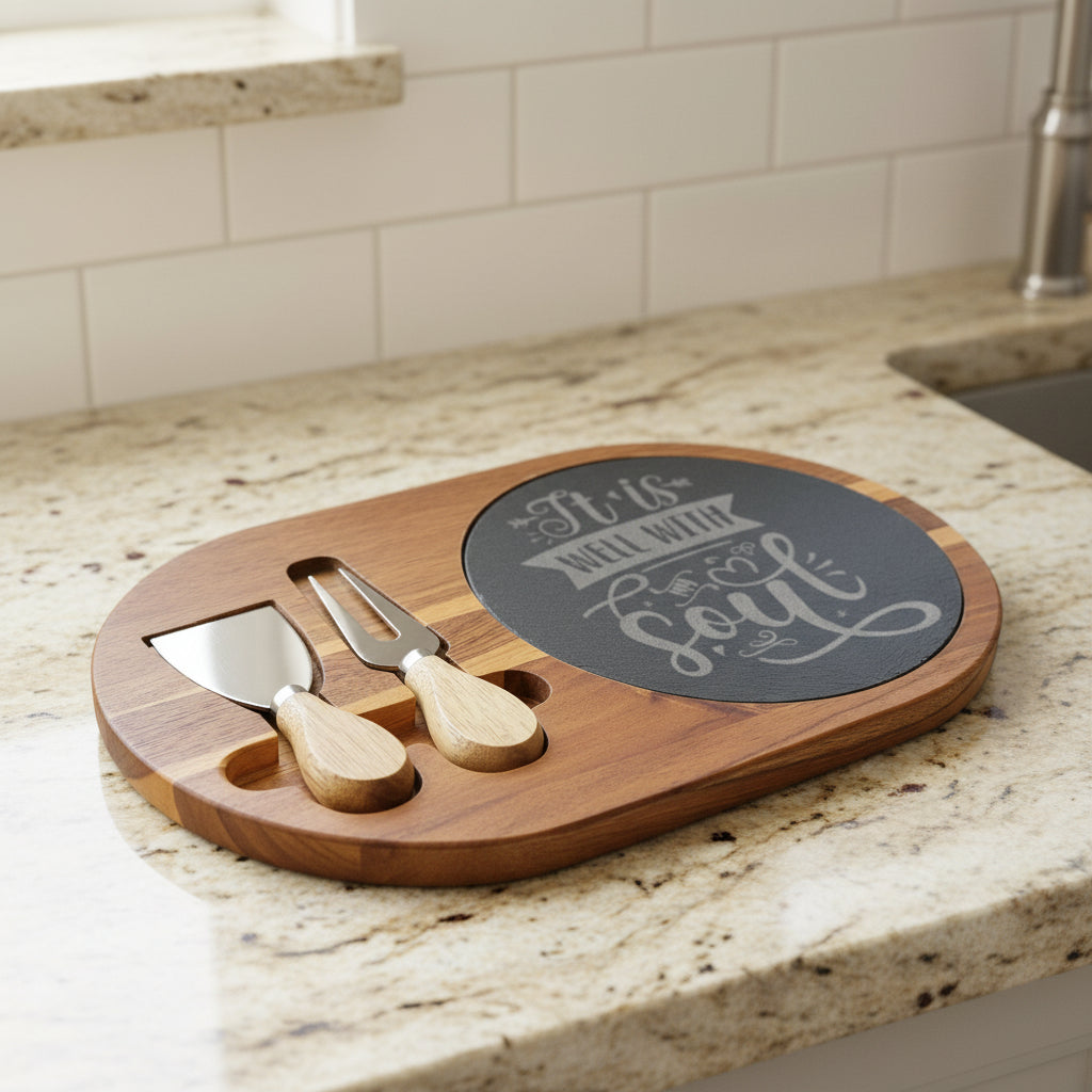 It Is Well with My Soul Engraved Acacia & Slate Charcuterie Board Set - Kim’s Signature Beauty & Accessories    