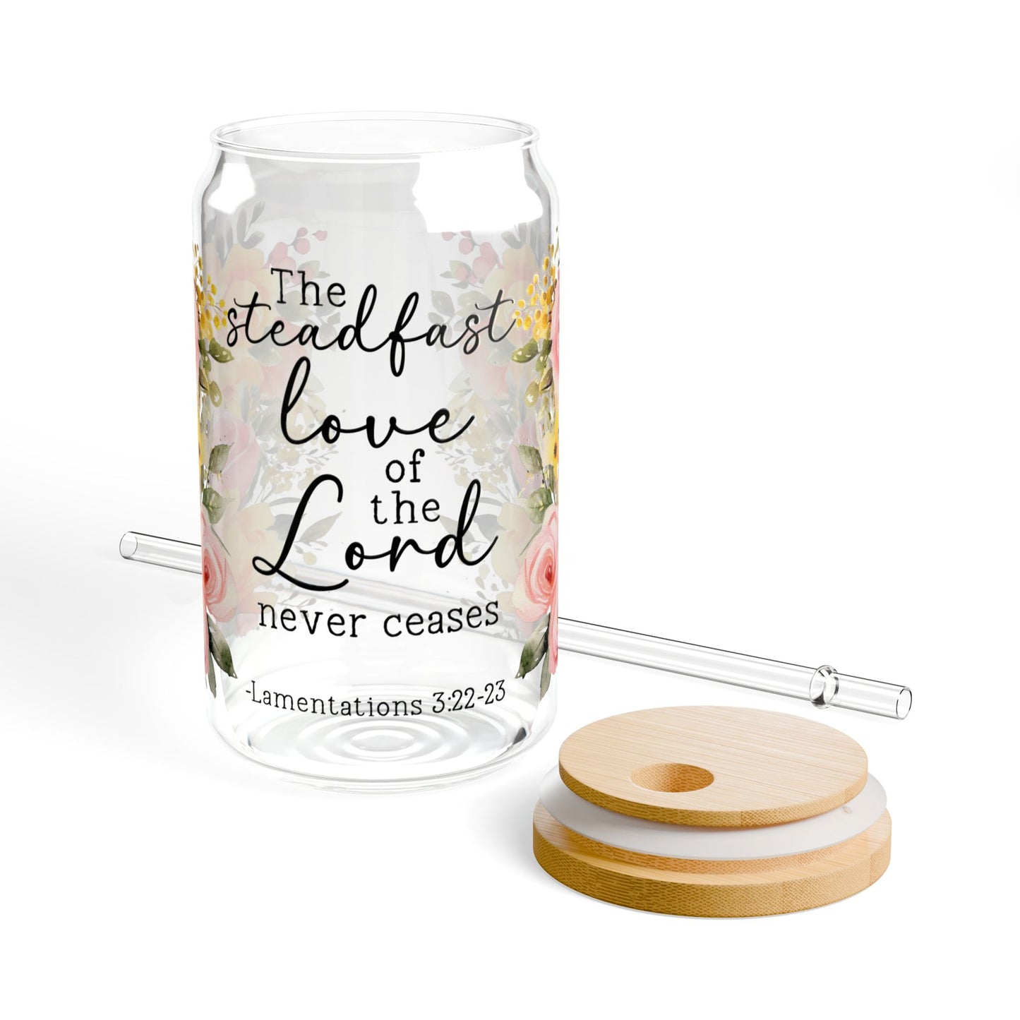 Lamentations 3:22-23 Floral Sipper Glass - 16oz - Kim’s Signature Beauty & Accessories    
