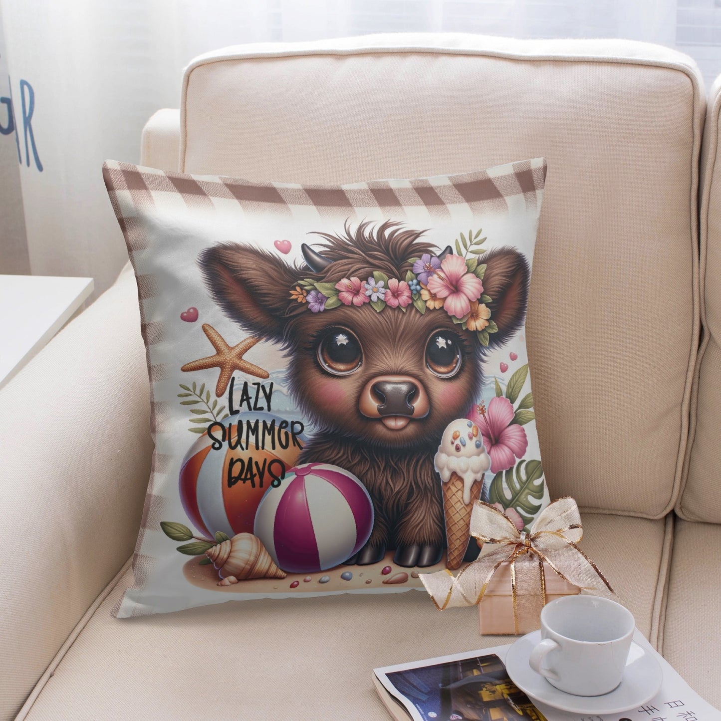 Lazy Summer Days Highland Cow Pillow Cover - Kim’s Signature Beauty & Accessories    