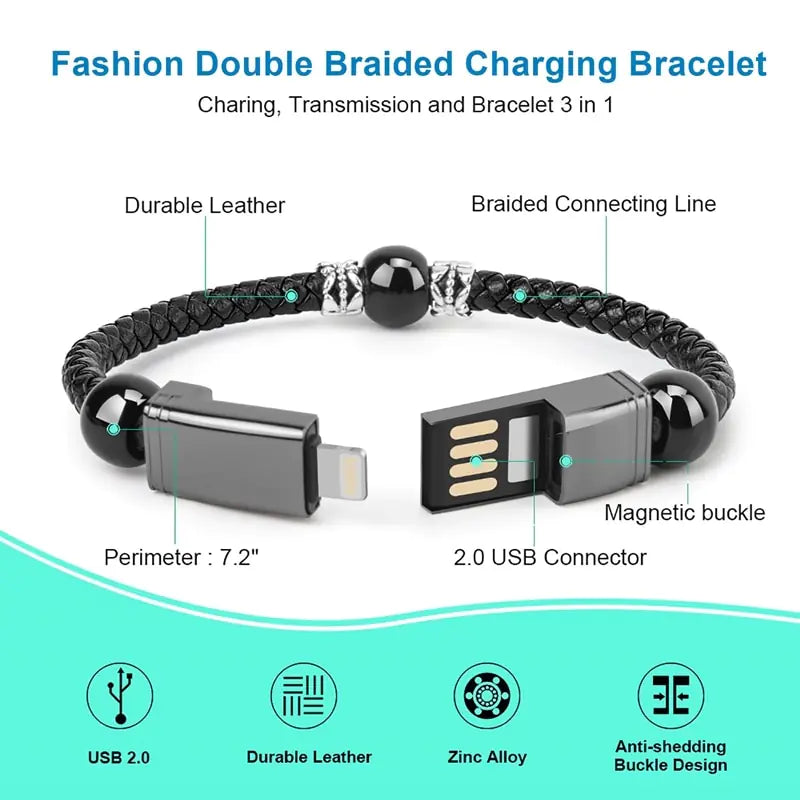 Leather Bracelet Phone Charger – USB Type C & Micro USB - Kim’s Signature Beauty & Accessories    