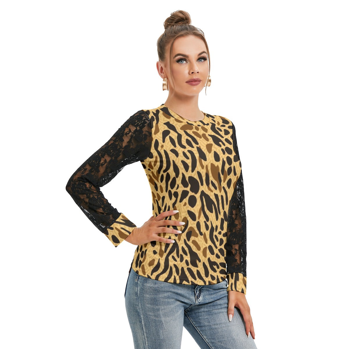 Leopard Print T-shirt with Black Lace Sleeves - Kim’s Signature Beauty & Accessories    
