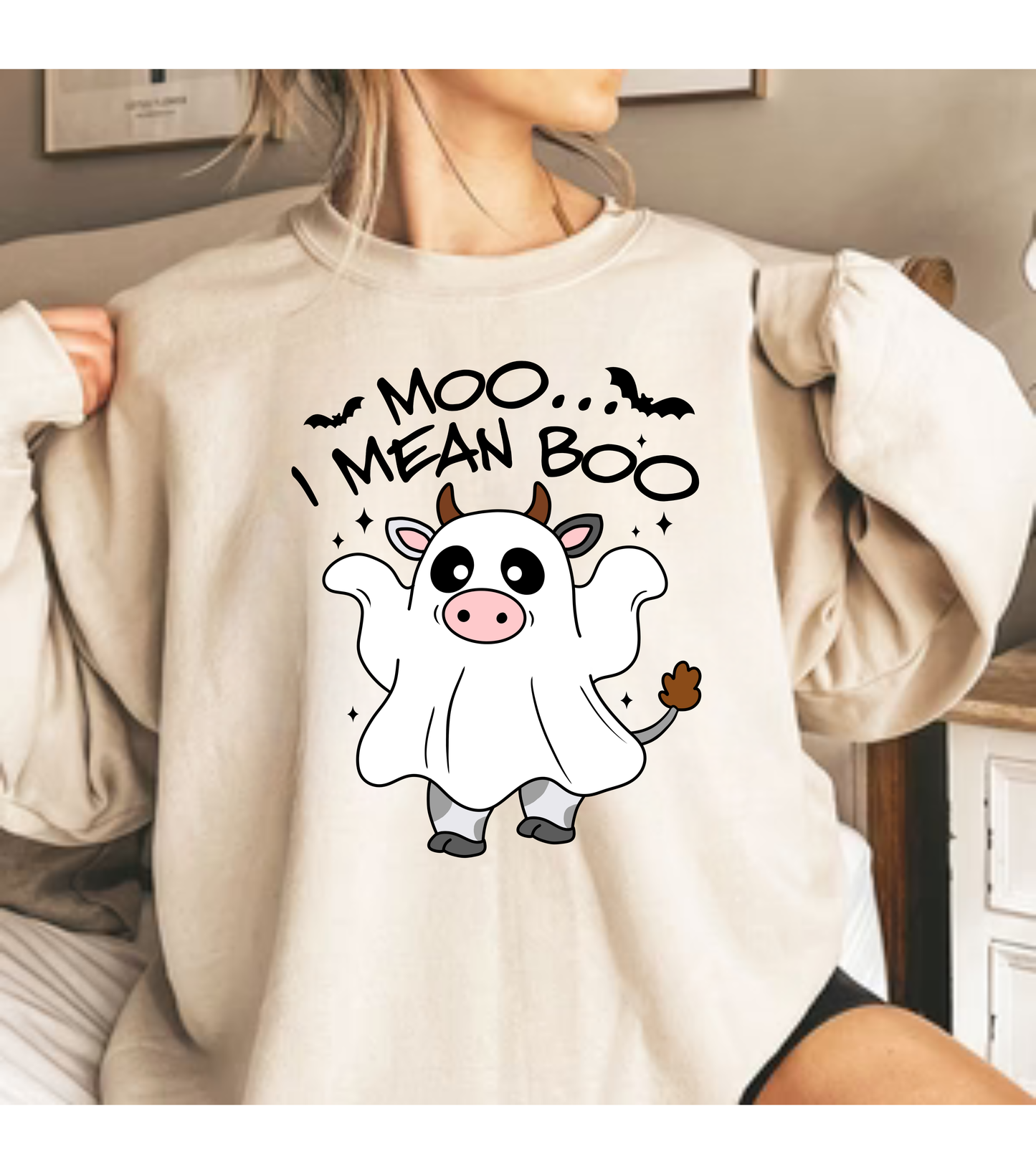 Moo, I Mean Boo Ghost Sweatshirt - Kim’s Signature Beauty & Accessories    