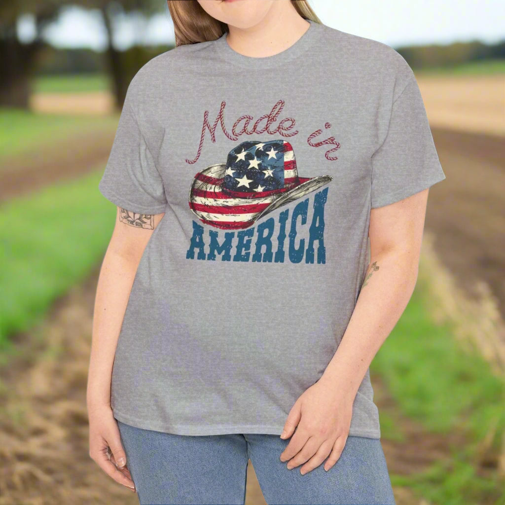 Made in America T-Shirt - Patriotic Cowgirl Hat Graphic Tee - Kim’s Signature Beauty & Accessories    