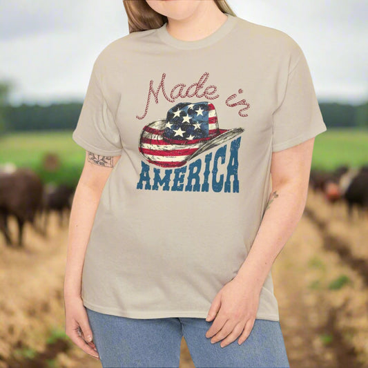 Made in America T-Shirt - Patriotic Cowgirl Hat Graphic Tee - Kim’s Signature Beauty & Accessories    