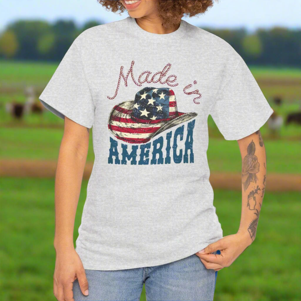 Made in America T-Shirt - Patriotic Cowgirl Hat Graphic Tee - Kim’s Signature Beauty & Accessories    