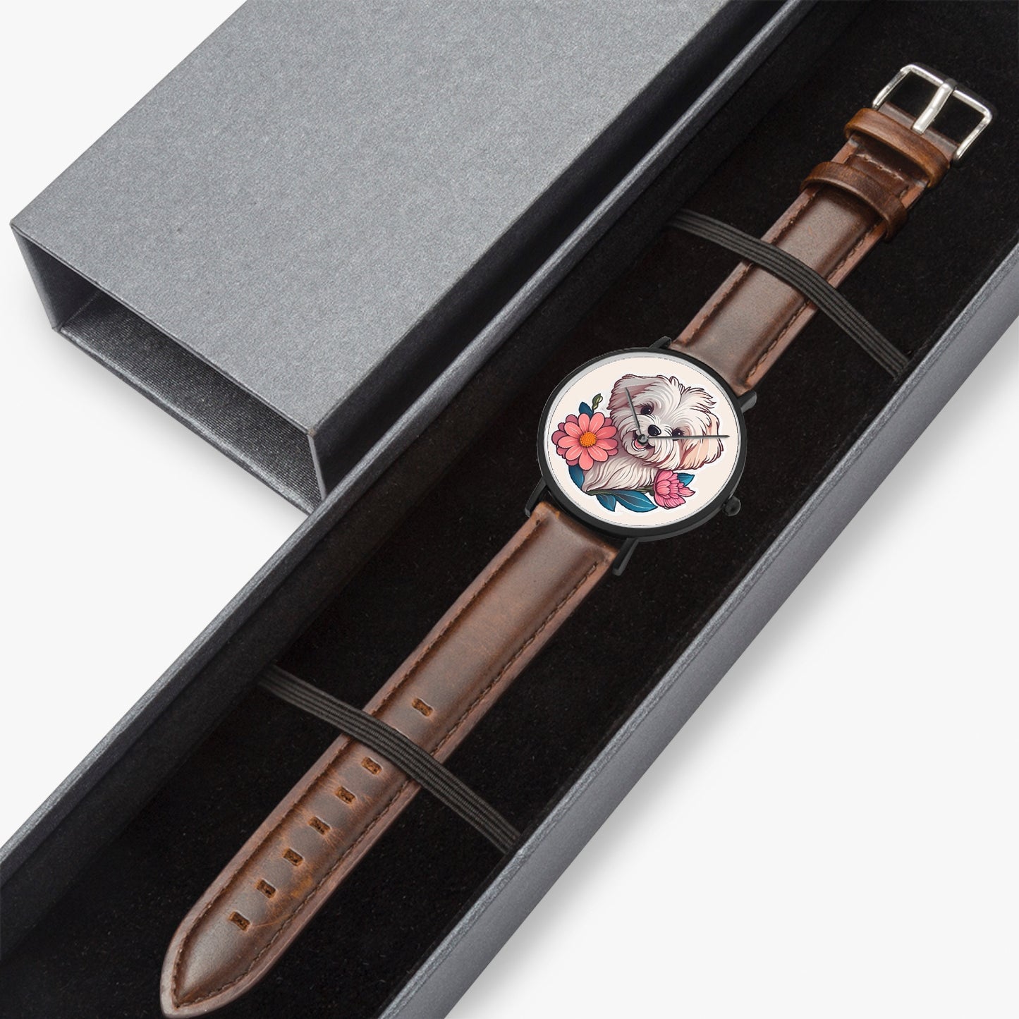 Maltese Pup Thin Leather Strap Quartz Watch - Kim’s Signature Beauty & Accessories    