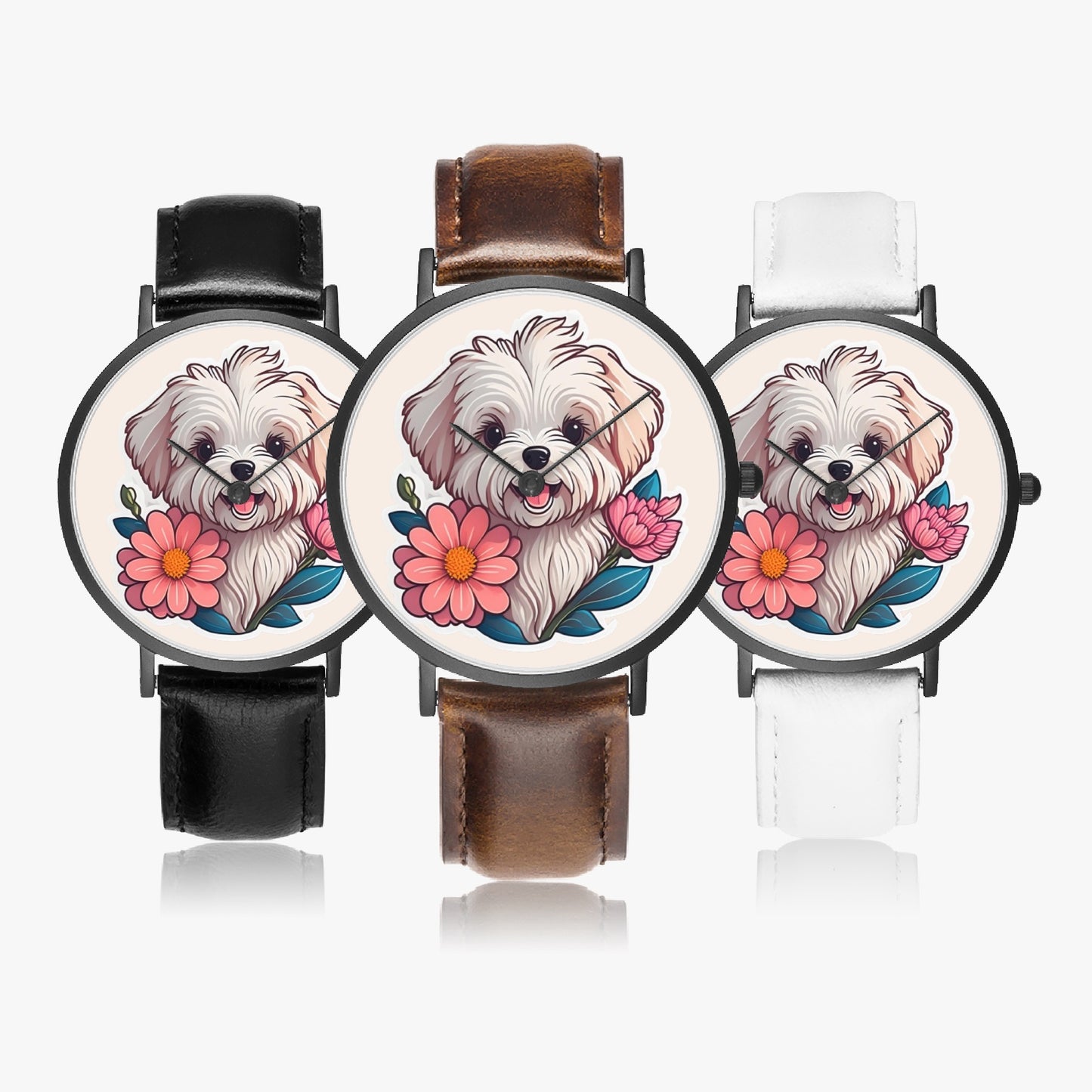 Maltese Pup Thin Leather Strap Quartz Watch - Kim’s Signature Beauty & Accessories    