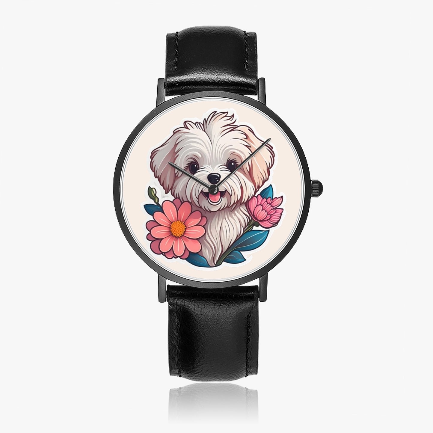 Maltese Pup Thin Leather Strap Quartz Watch - Kim’s Signature Beauty & Accessories    