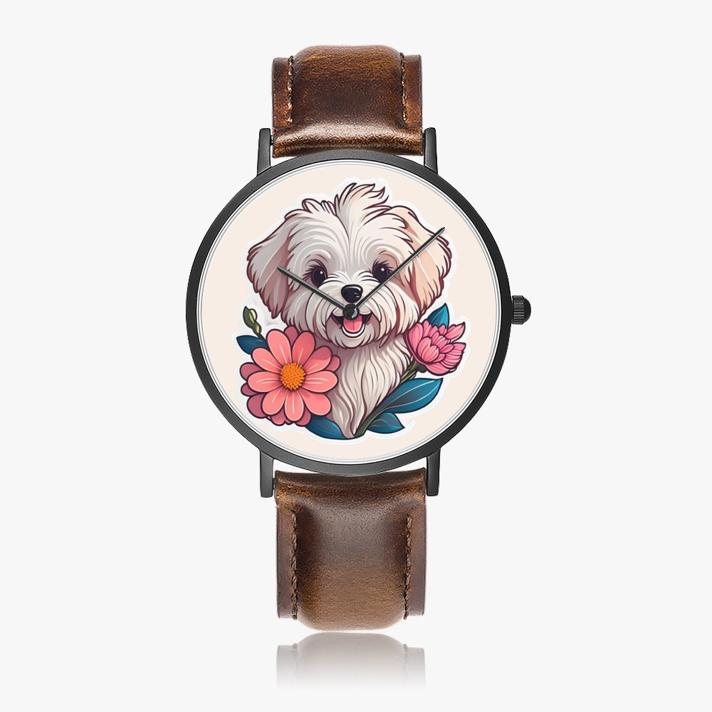 Maltese Pup Thin Leather Strap Quartz Watch - Kim’s Signature Beauty & Accessories    