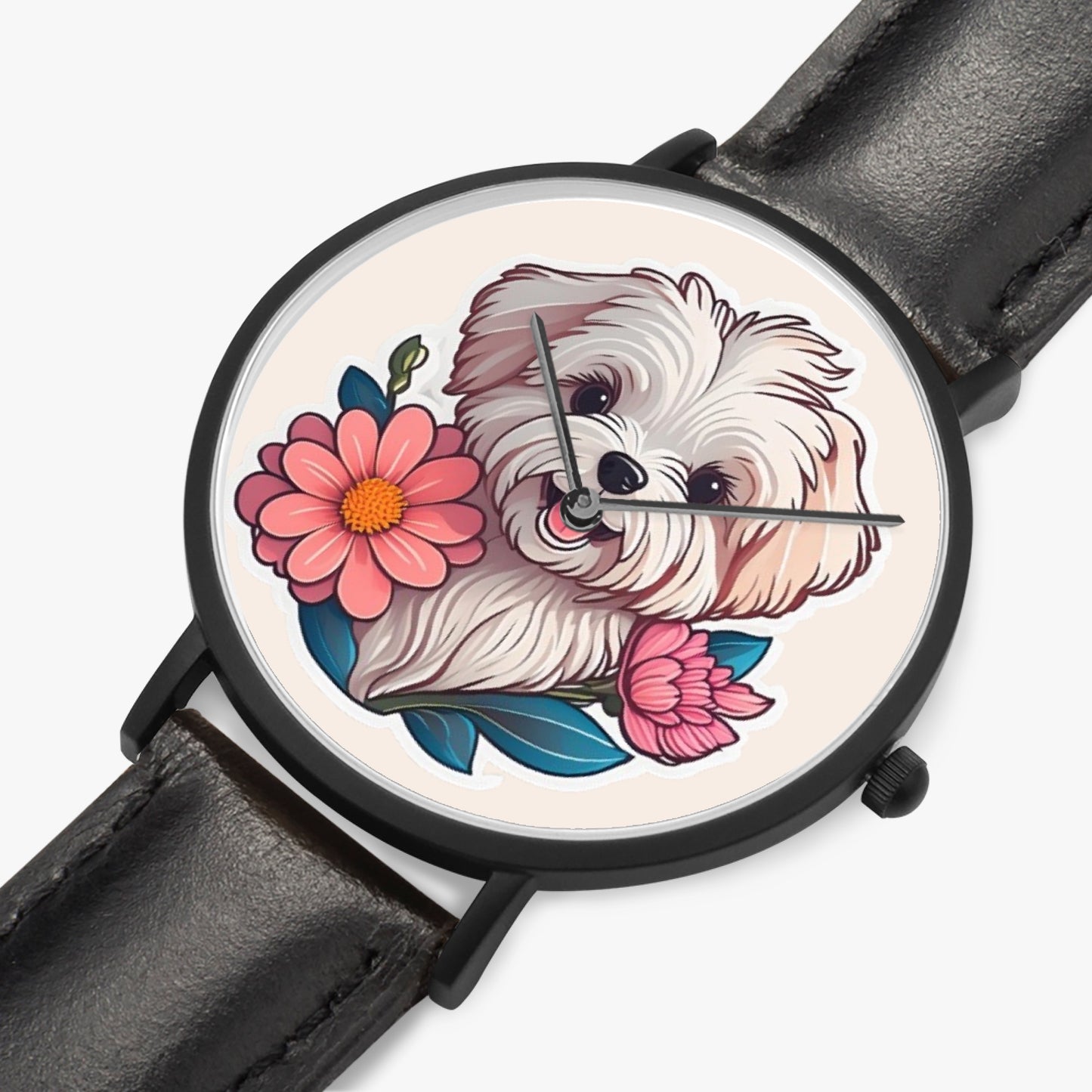 Maltese Pup Thin Leather Strap Quartz Watch - Kim’s Signature Beauty & Accessories    