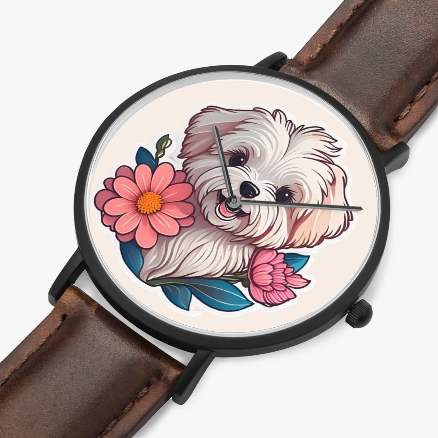 Maltese Pup Thin Leather Strap Quartz Watch - Kim’s Signature Beauty & Accessories    