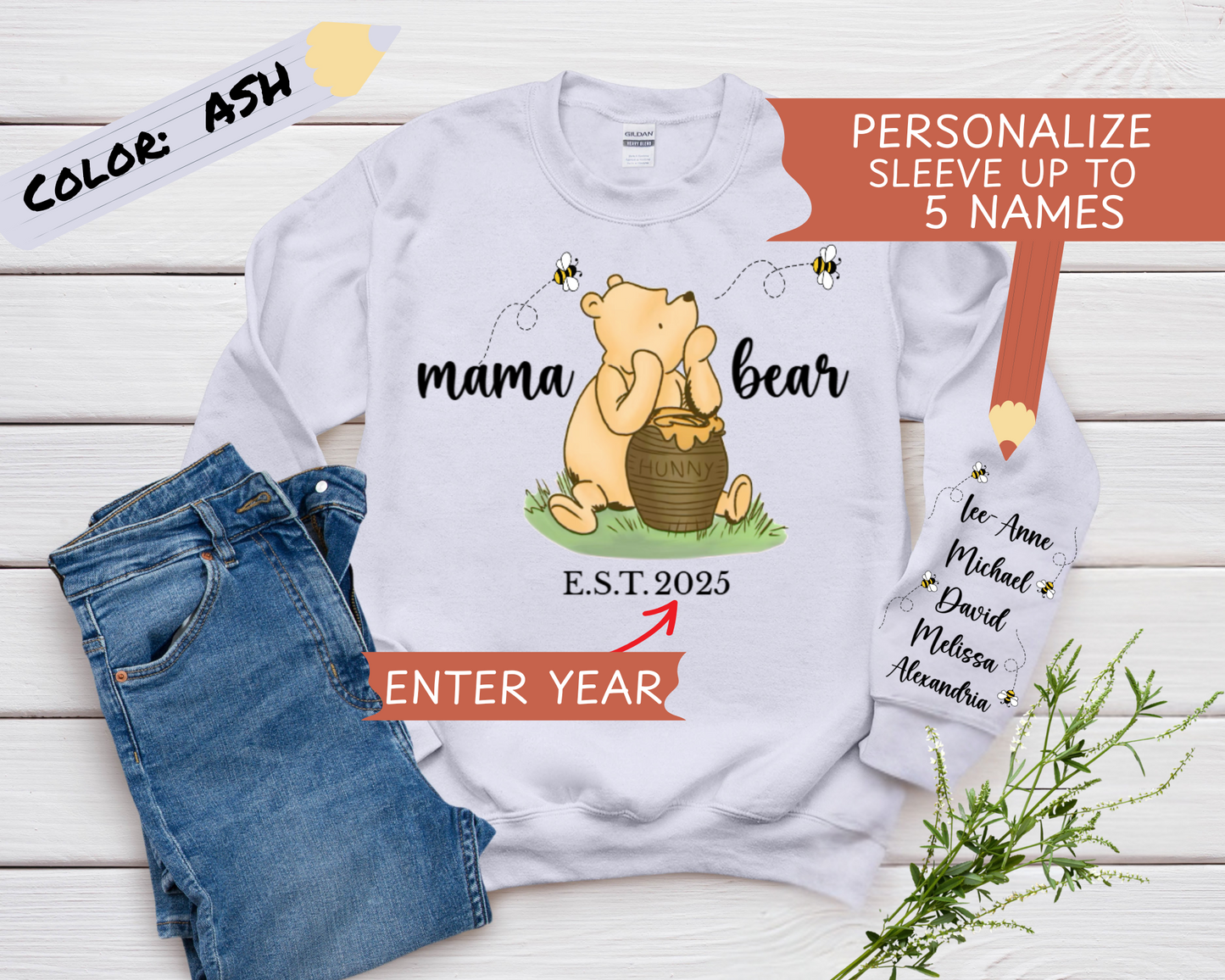 Mama Bear Personalized Sweatshirt – Pooh Bear, Honey & Bees - Kim’s Signature Beauty & Accessories    