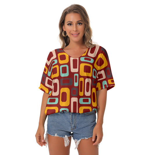Maroon Retro V-Neck Blouse - Kim’s Signature Beauty & Accessories    