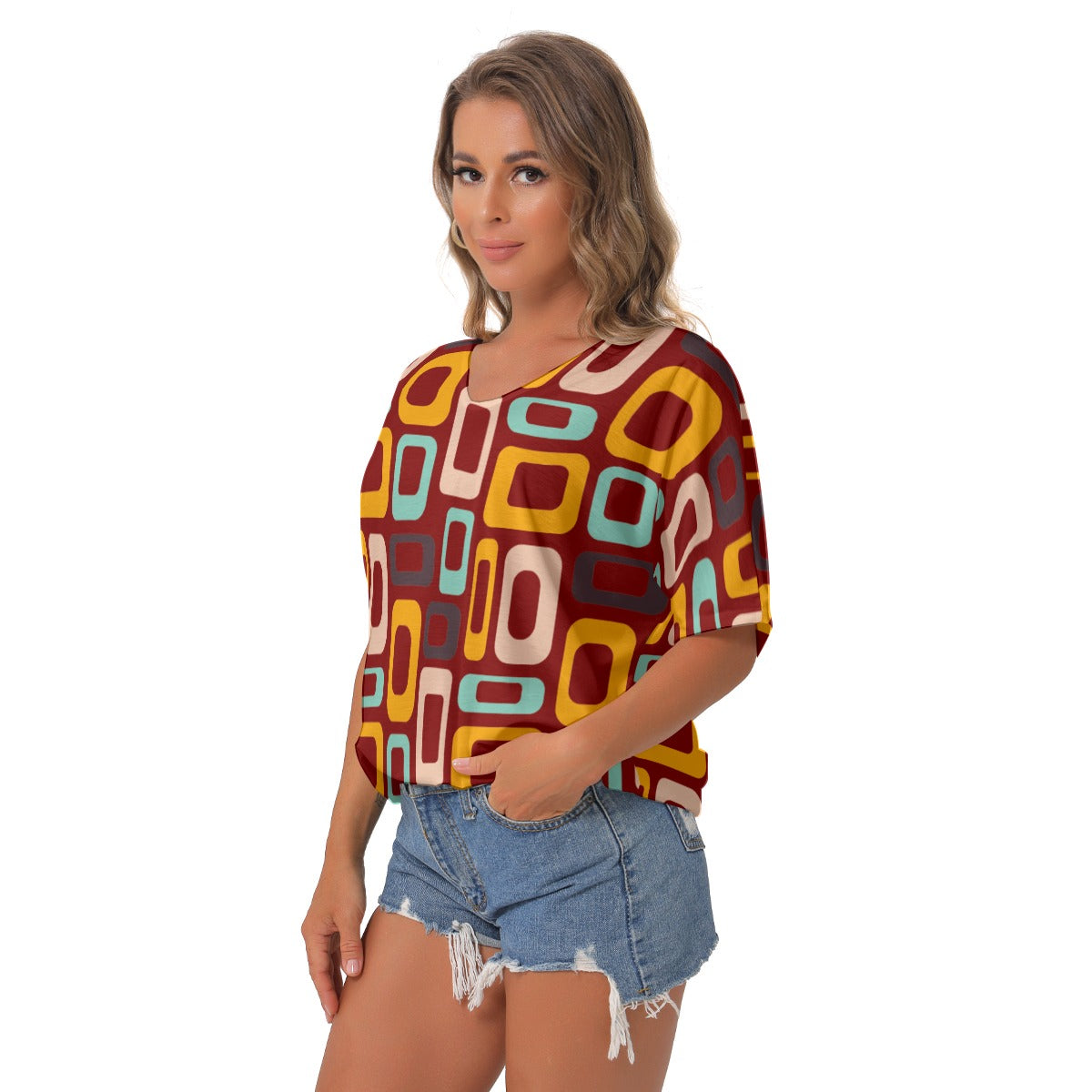 Maroon Retro V-Neck Blouse - Kim’s Signature Beauty & Accessories    