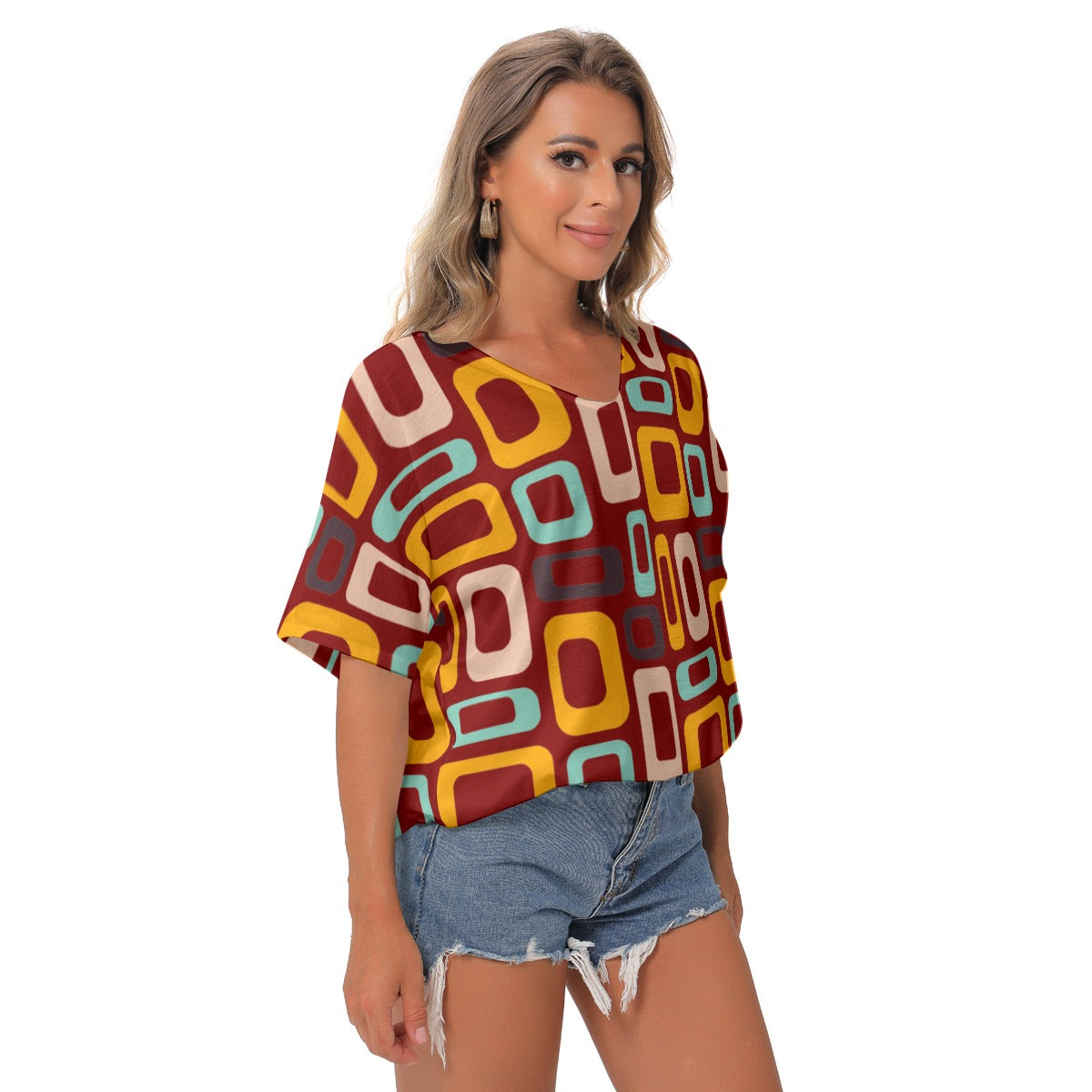 Maroon Retro V-Neck Blouse - Kim’s Signature Beauty & Accessories    