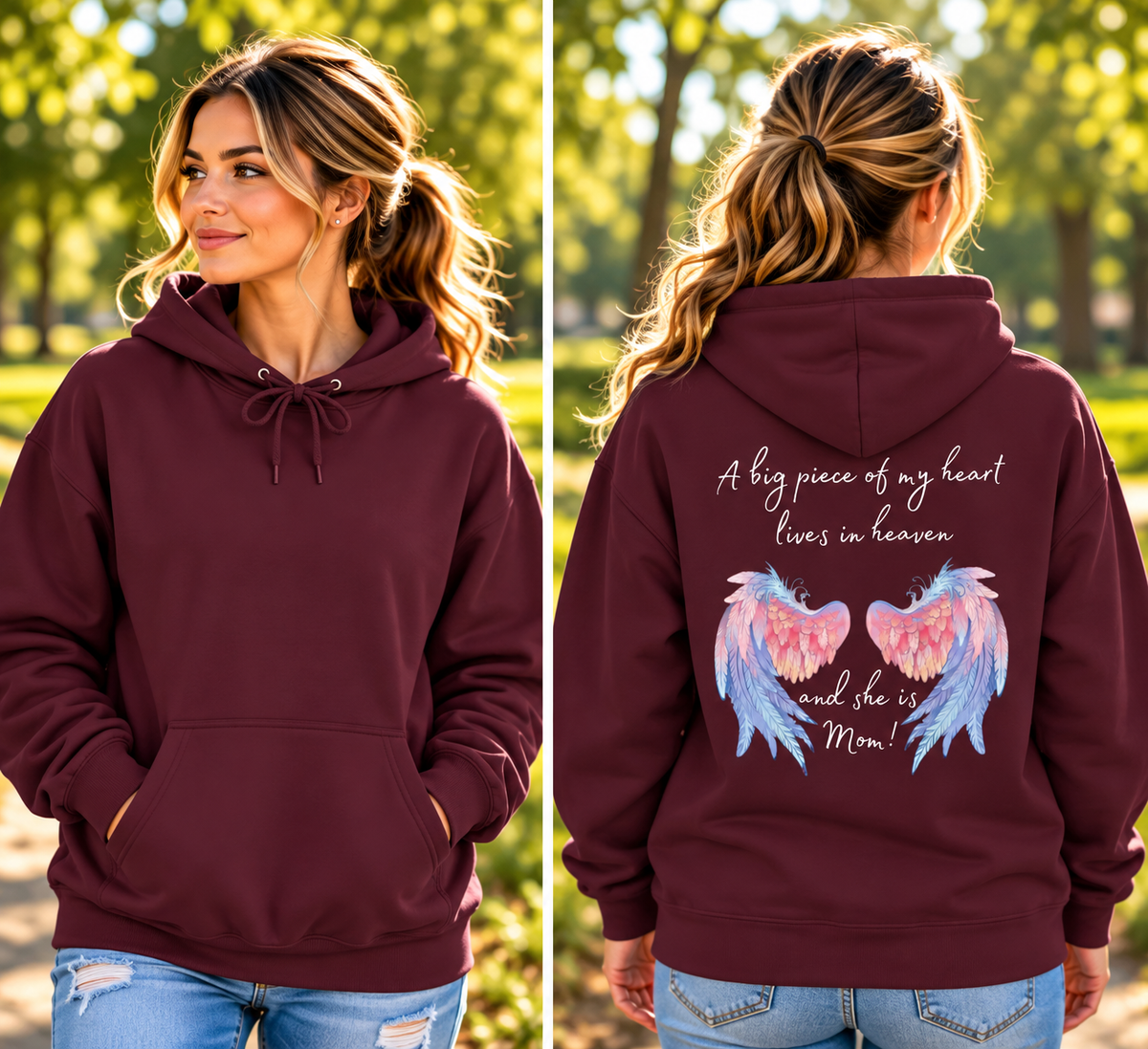 A Piece of My Heart Lives in Heaven – Mom Memorial Hoodie | Angel Wings Remembrance Sweatshirt