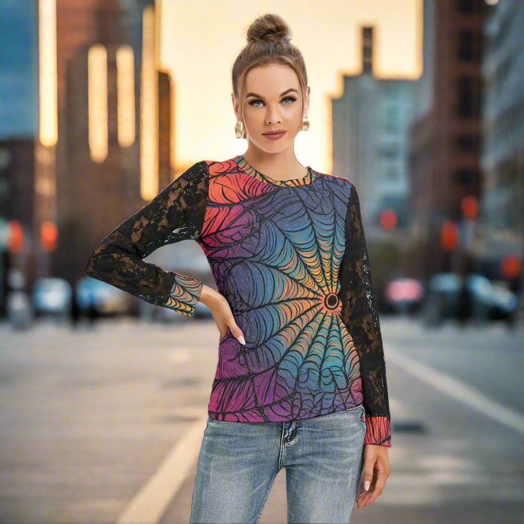 Midnight Web Lace Sleeve Tee - Kim’s Signature Beauty & Accessories    