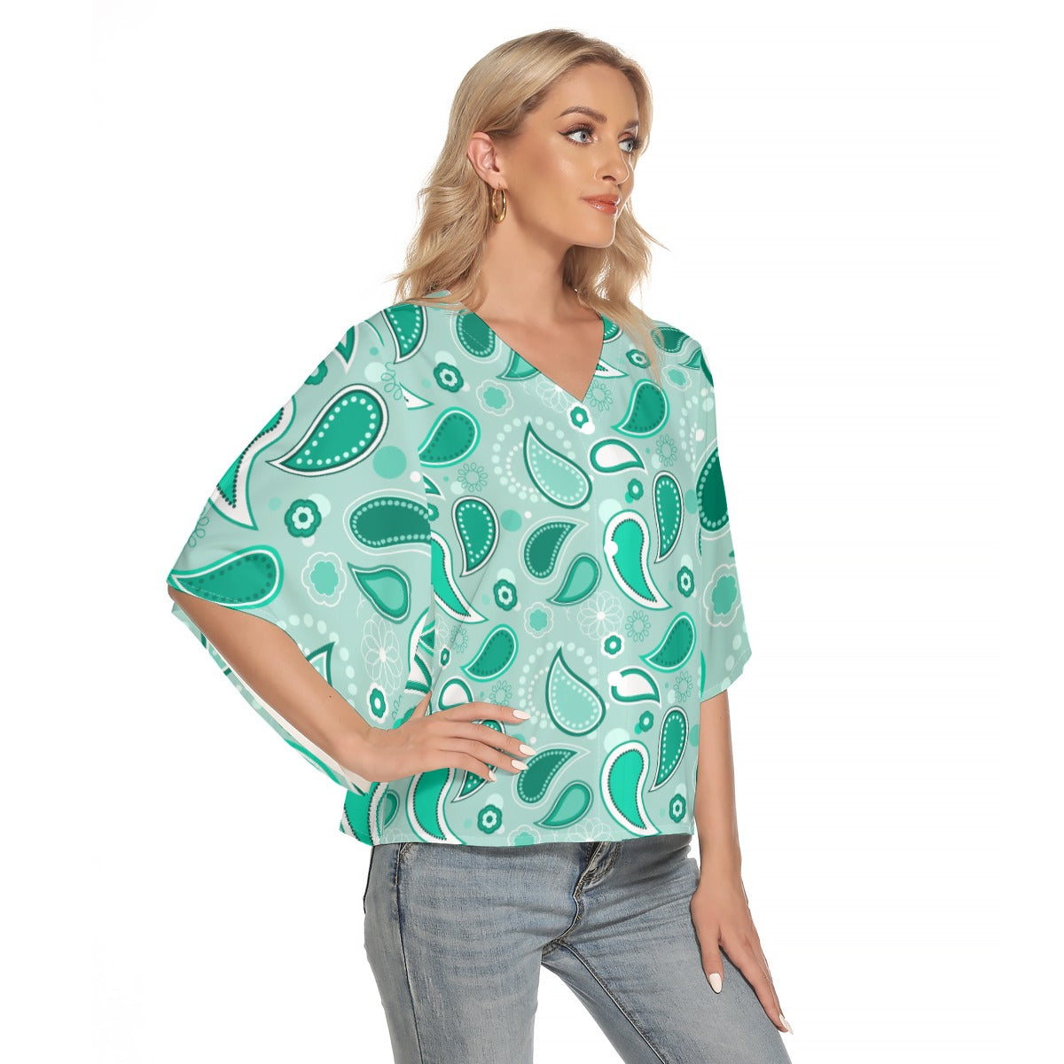 Mint Happiness Bat Sleeve Light V-neck Front Buttoned Top - Kim’s Signature Beauty & Accessories    