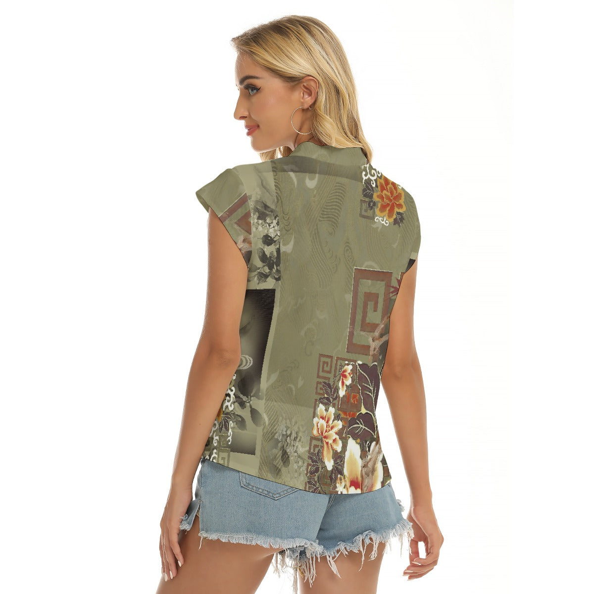 Olive Floral | V-neck Short Sleeve Blouse - Kim’s Signature Beauty & Accessories    