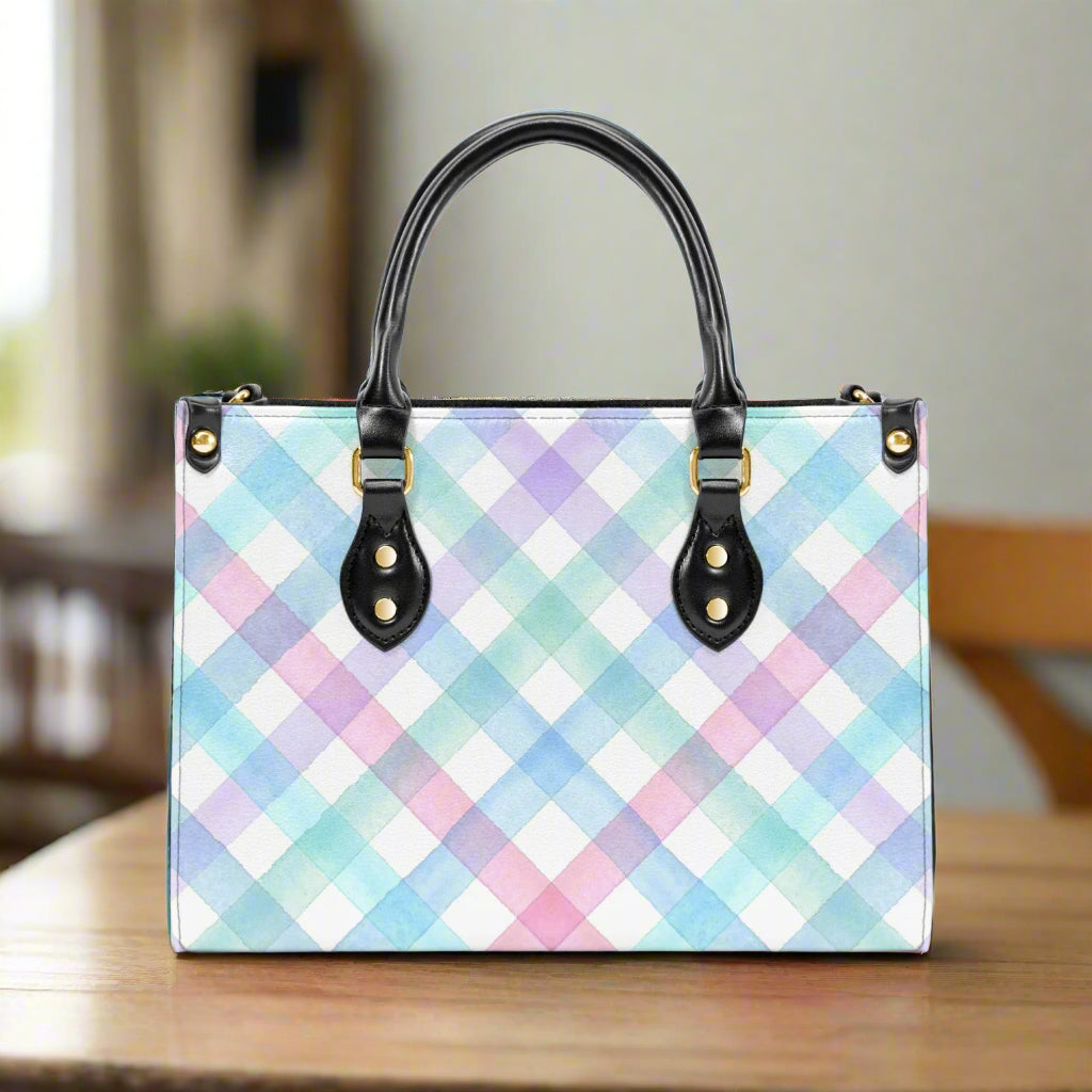Pastel Watercolor Gingham PU Leather Handbag - Kim’s Signature Beauty & Accessories    