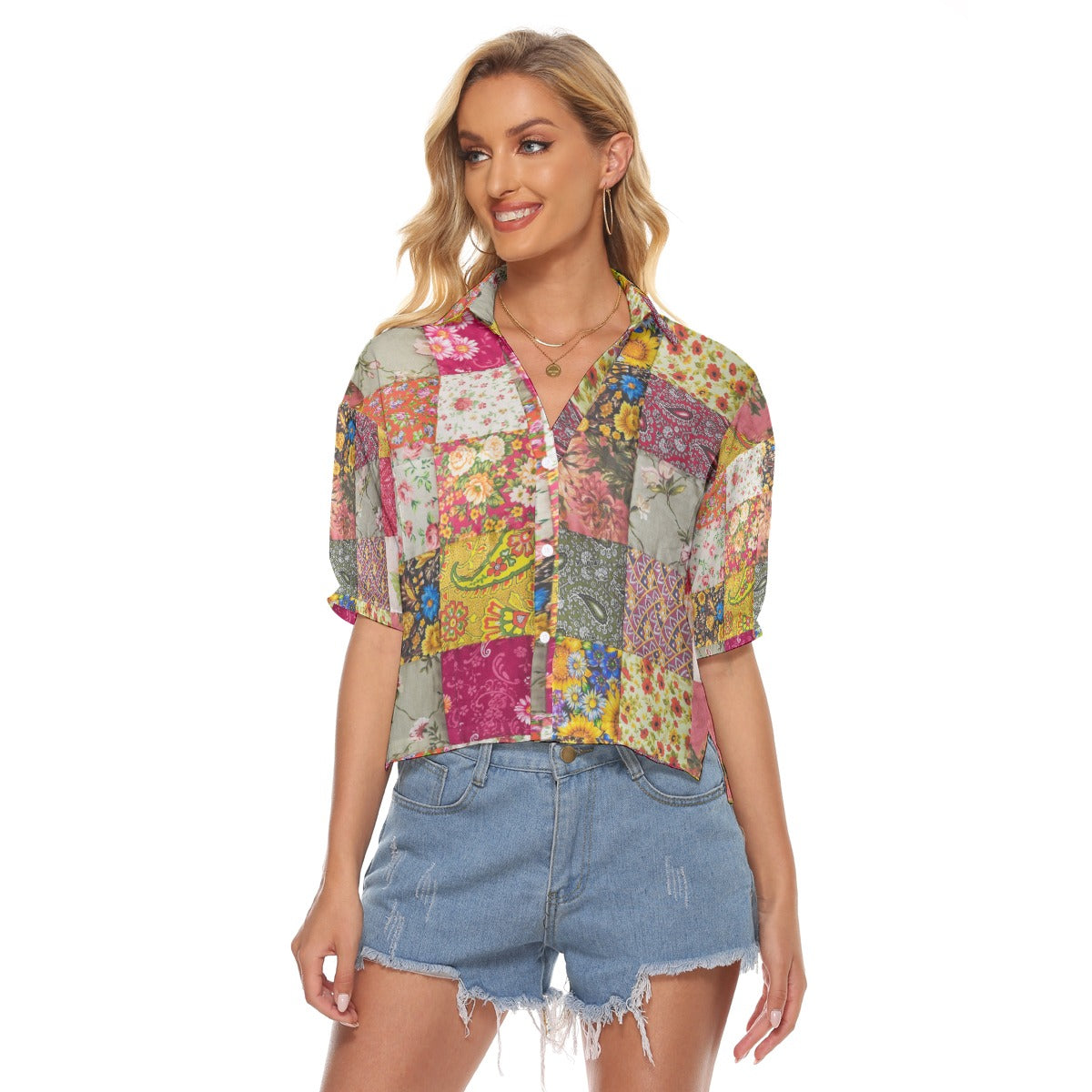 Patchwork Print Women's V-neck Shirts - Kim’s Signature Beauty & Accessories    