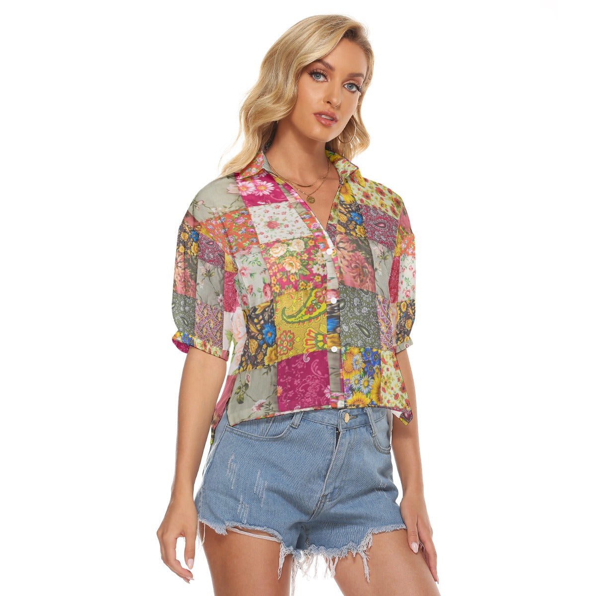 Patchwork Print Women's V-neck Shirts - Kim’s Signature Beauty & Accessories    