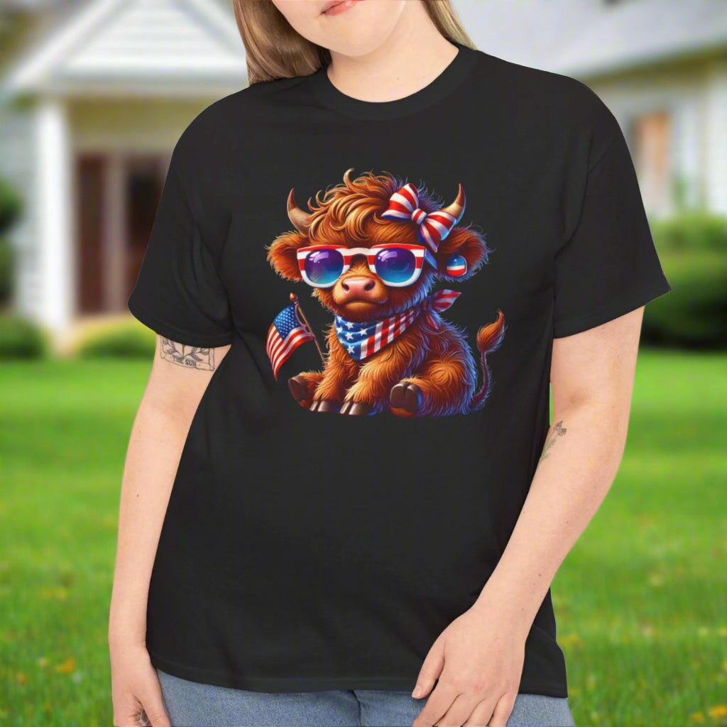 Patriotic Highland Cow T-Shirt – Cute USA Flag Tee for 4th of July & Summer Fun - Kim’s Signature Beauty & Accessories    