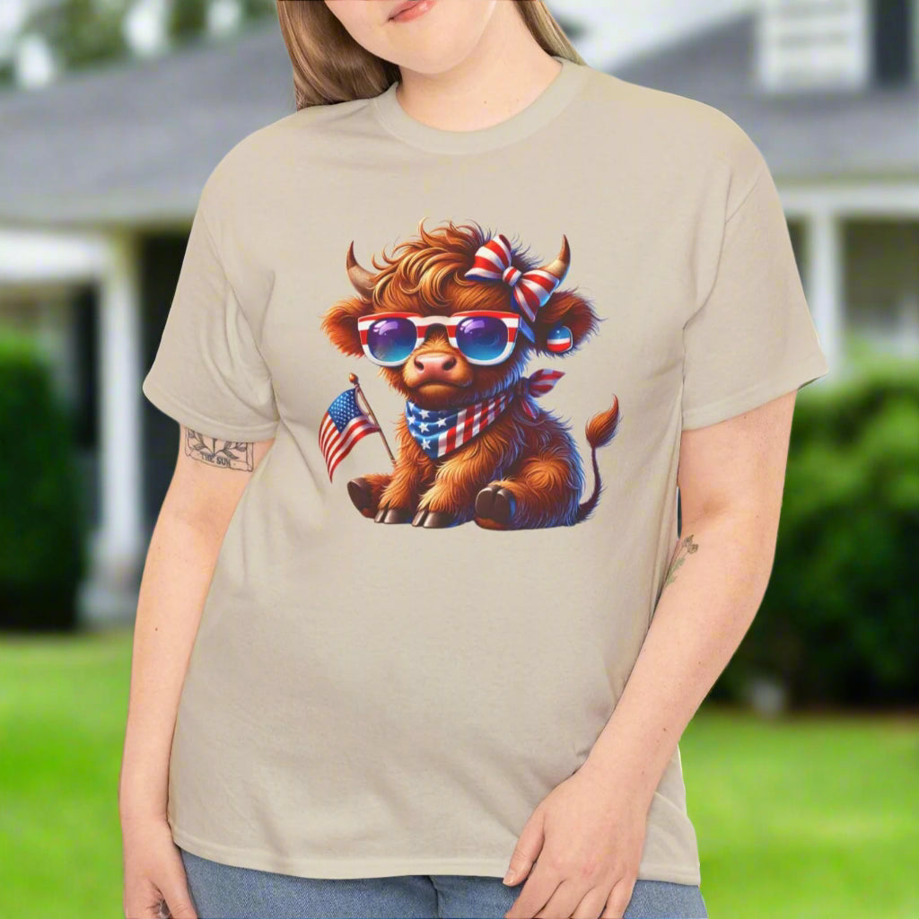 Patriotic Highland Cow T-Shirt – Cute USA Flag Tee for 4th of July & Summer Fun - Kim’s Signature Beauty & Accessories    