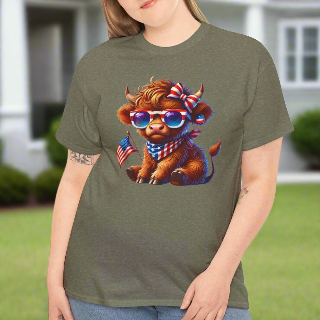 Patriotic Highland Cow T-Shirt – Cute USA Flag Tee for 4th of July & Summer Fun - Kim’s Signature Beauty & Accessories    