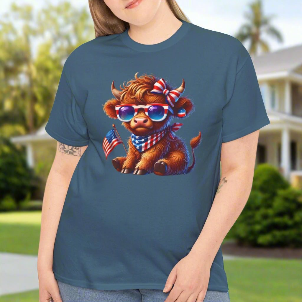 Patriotic Highland Cow T-Shirt – Cute USA Flag Tee for 4th of July & Summer Fun - Kim’s Signature Beauty & Accessories    