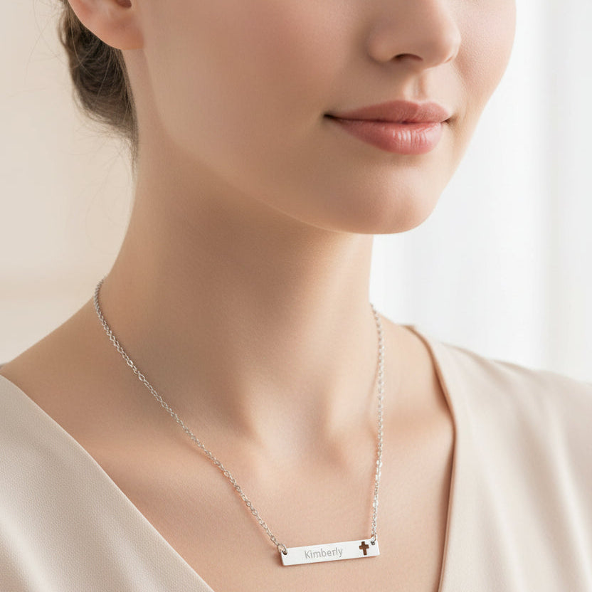 Personalized Cross Cutout Bar Necklace - Custom Name Engraved Stainless Steel - Kim’s Signature Beauty & Accessories