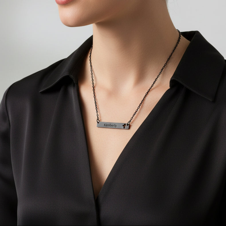 Personalized Cross Cutout Bar Necklace - Custom Name Engraved Stainless Steel - Kim’s Signature Beauty & Accessories