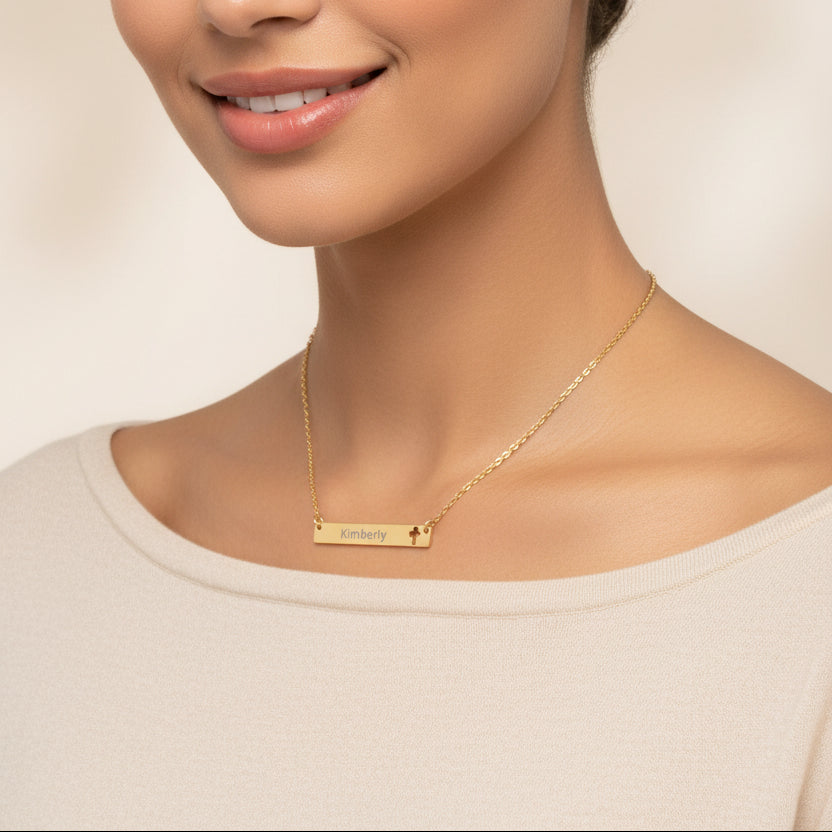 Personalized Cross Cutout Bar Necklace - Custom Name Engraved Stainless Steel - Kim’s Signature Beauty & Accessories