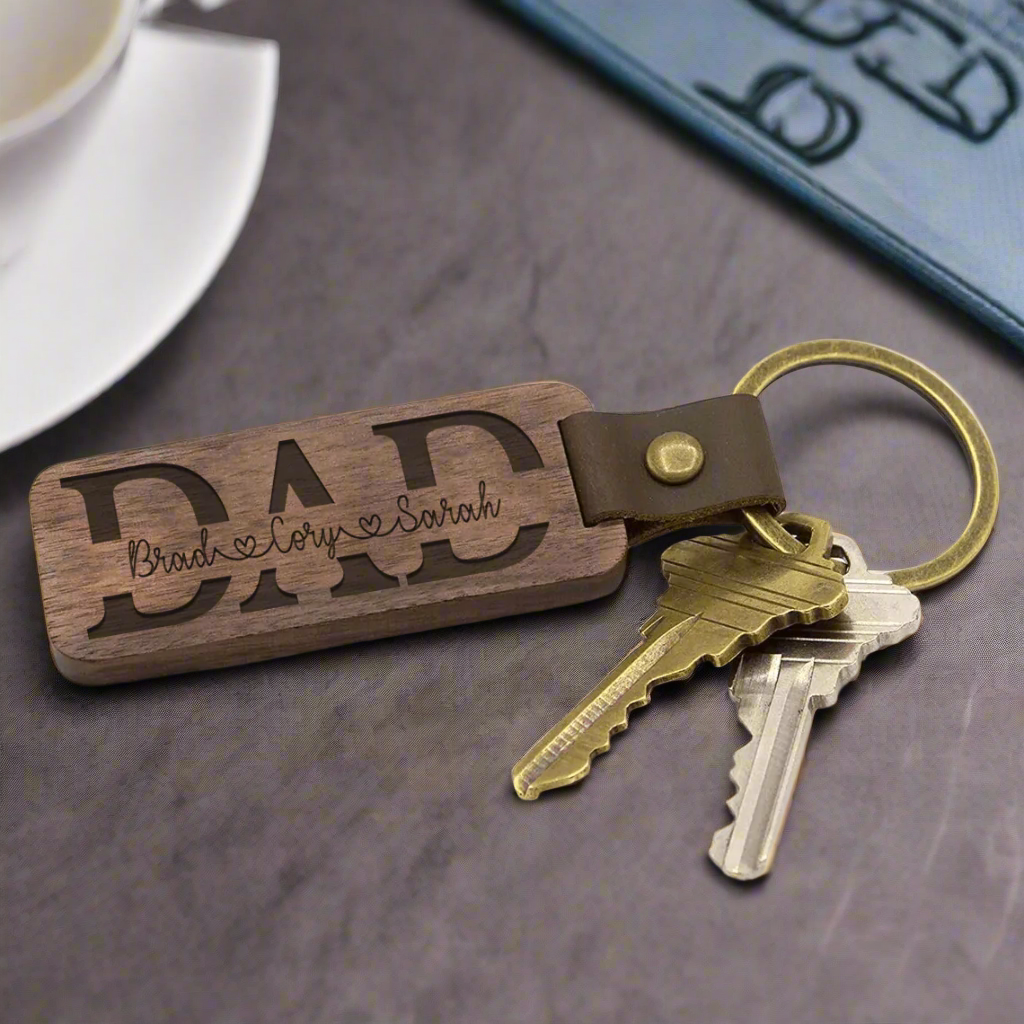 Personalized Dad Wooden Keychain – Custom Engraved Gift