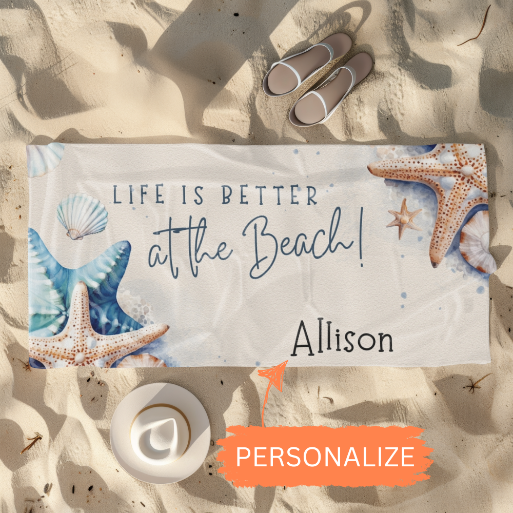 Personalized Starfish & Seashell Beach Towel - Kim’s Signature Beauty & Accessories    