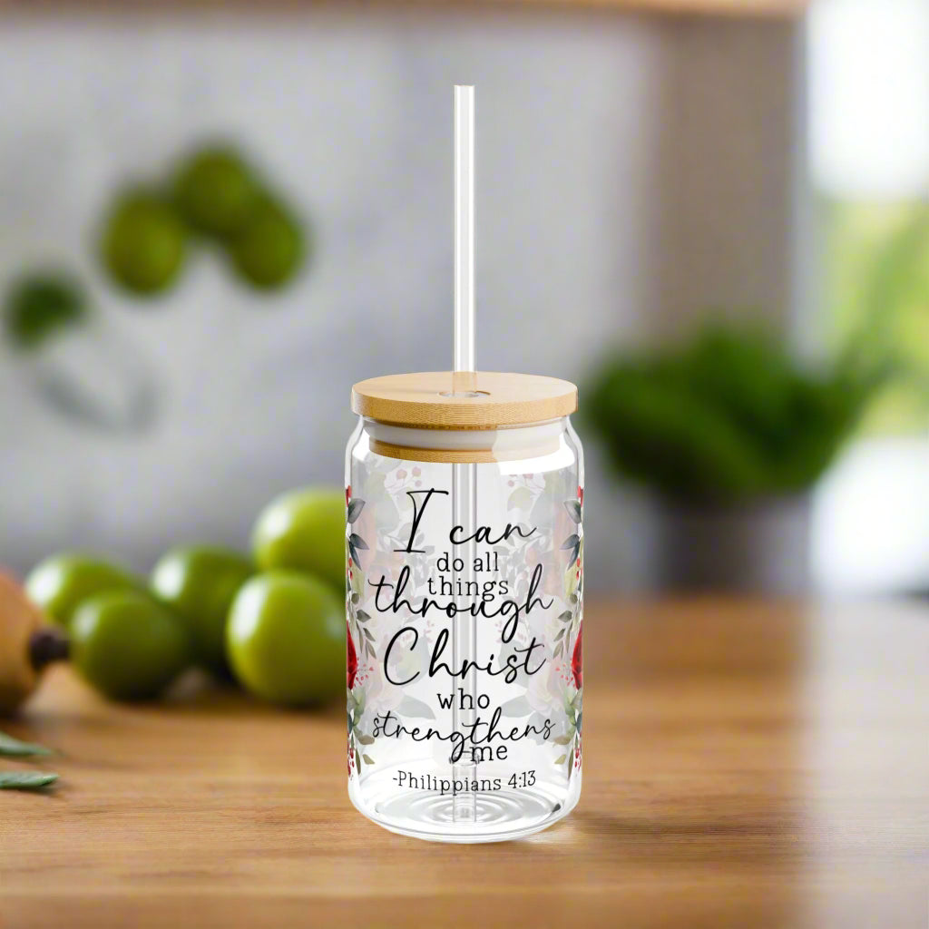 Philippians 4:13 Floral Sipper Glass - 16oz - Kim’s Signature Beauty & Accessories    