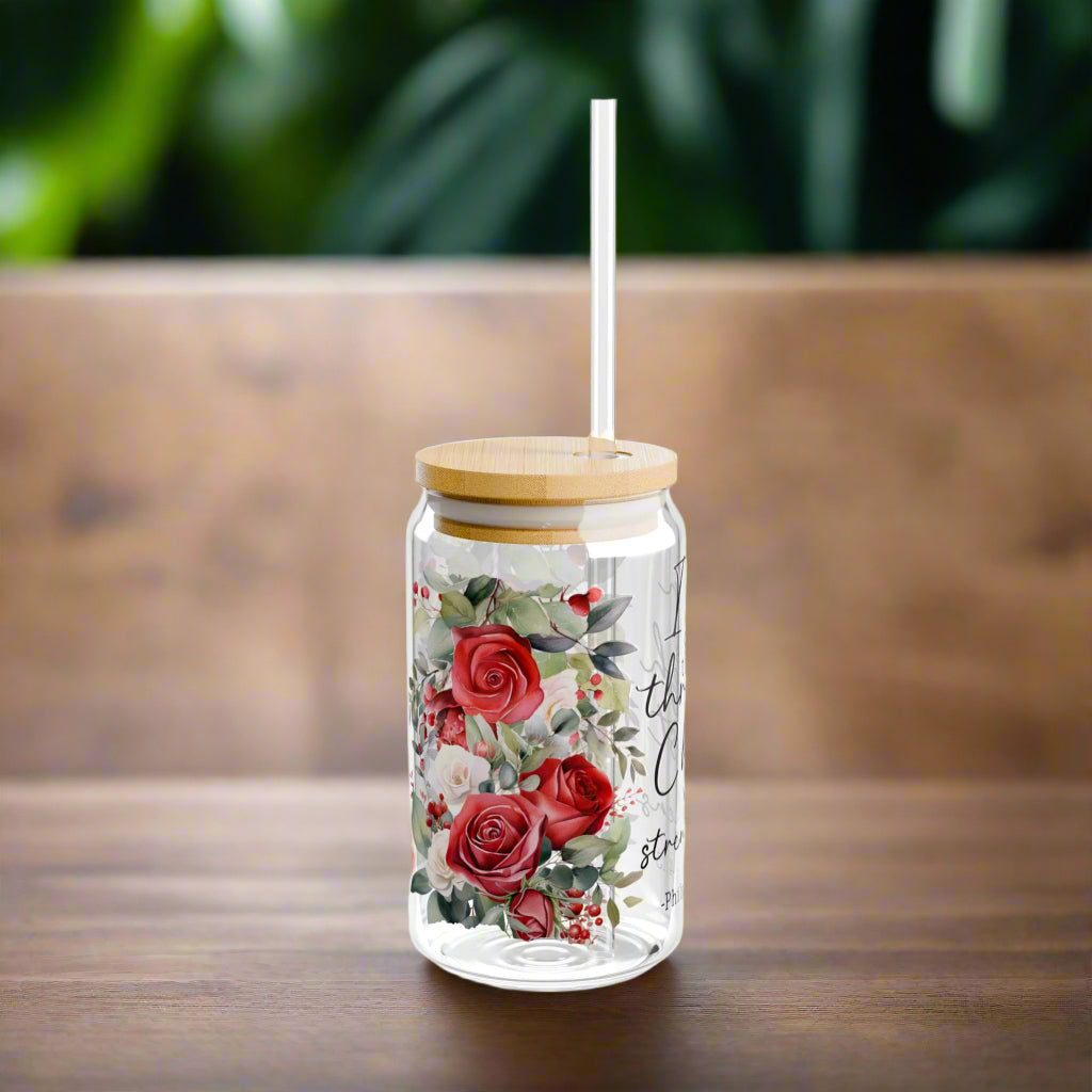 Philippians 4:13 Floral Sipper Glass - 16oz - Kim’s Signature Beauty & Accessories    