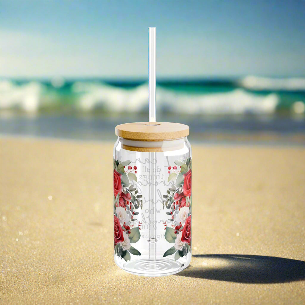Philippians 4:13 Floral Sipper Glass - 16oz - Kim’s Signature Beauty & Accessories    