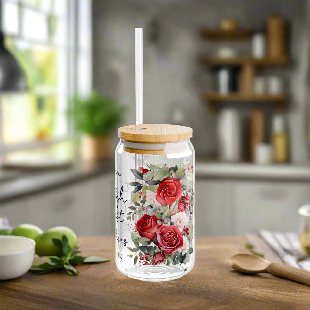 Philippians 4:13 Floral Sipper Glass - 16oz - Kim’s Signature Beauty & Accessories    