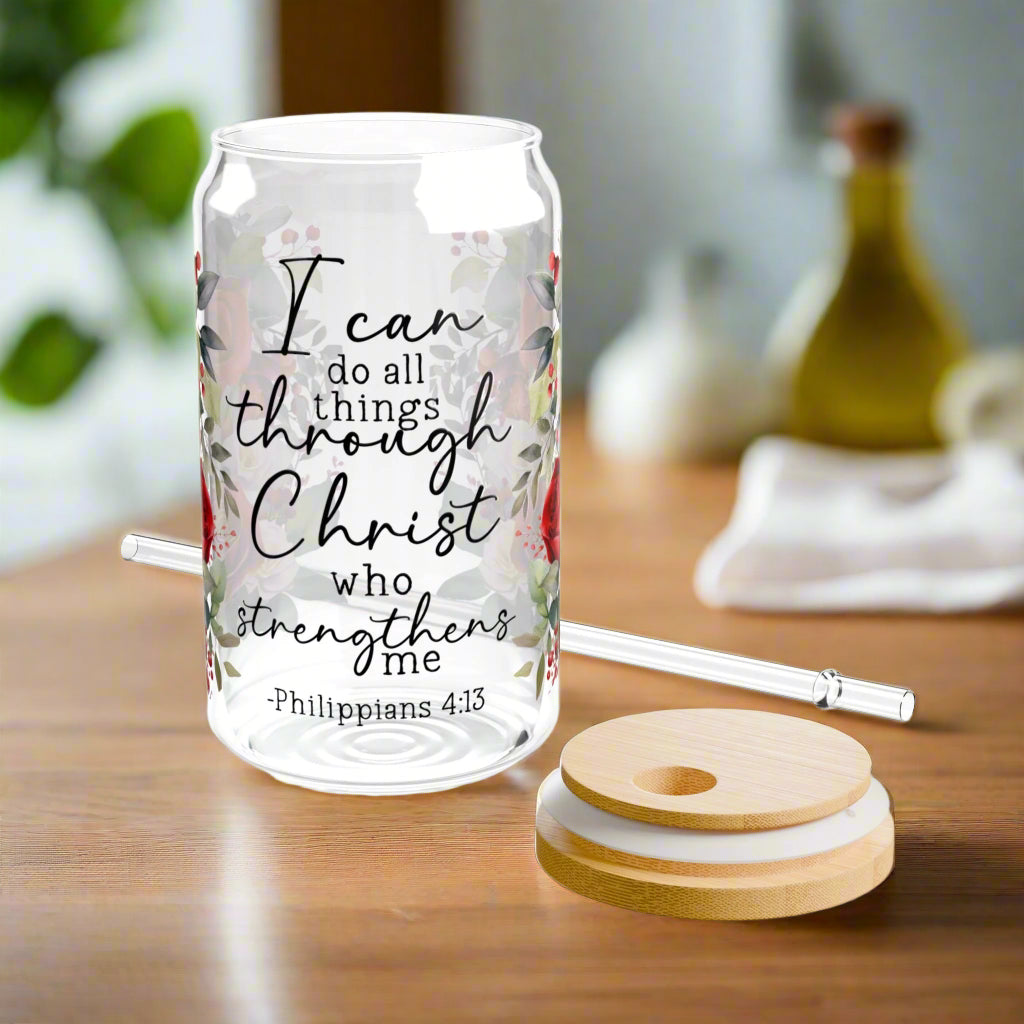 Philippians 4:13 Floral Sipper Glass - 16oz - Kim’s Signature Beauty & Accessories    
