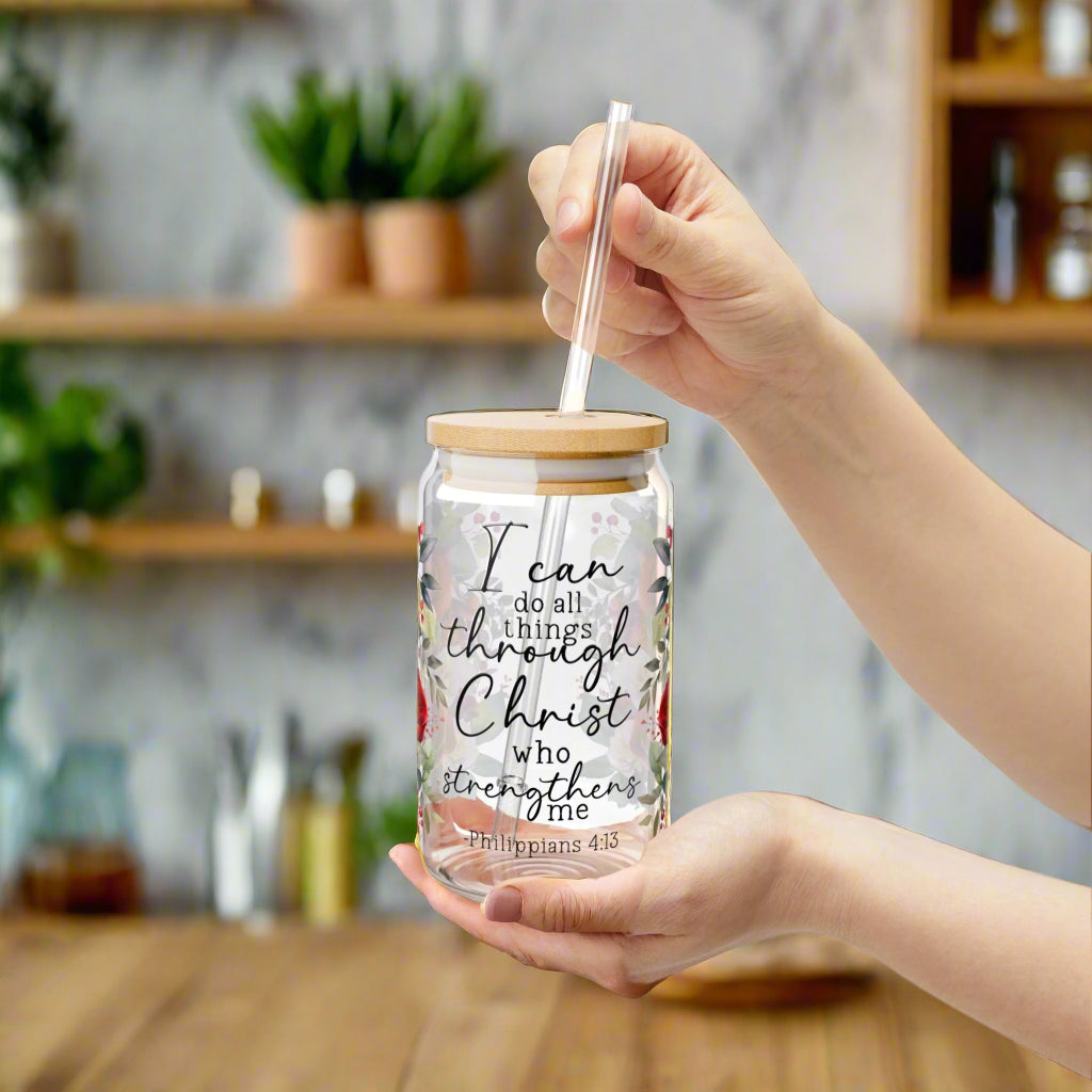 Philippians 4:13 Floral Sipper Glass - 16oz - Kim’s Signature Beauty & Accessories    