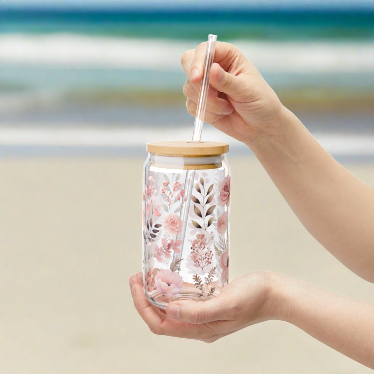 Pink Floral Paradise Sipper Glass, 16oz - Kim’s Signature Beauty & Accessories    