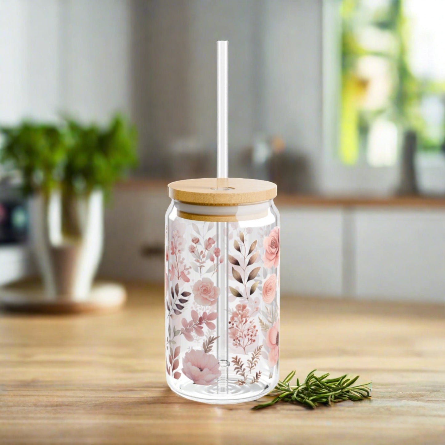 Pink Floral Paradise Sipper Glass, 16oz - Kim’s Signature Beauty & Accessories    