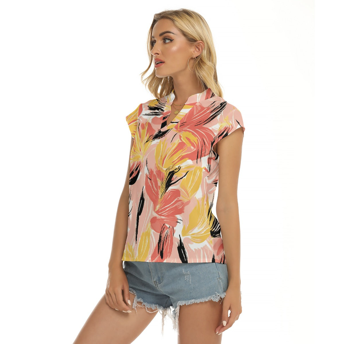 Pink Floral | V-neck Short Sleeve Blouse - Kim’s Signature Beauty & Accessories    