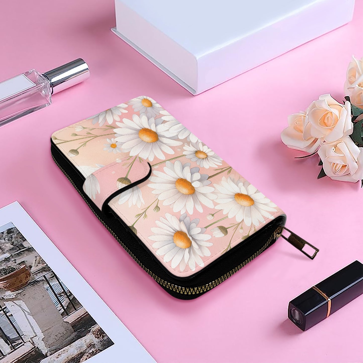 Pink with White Flowers | Long Leather Wallet - Kim’s Signature Beauty & Accessories    