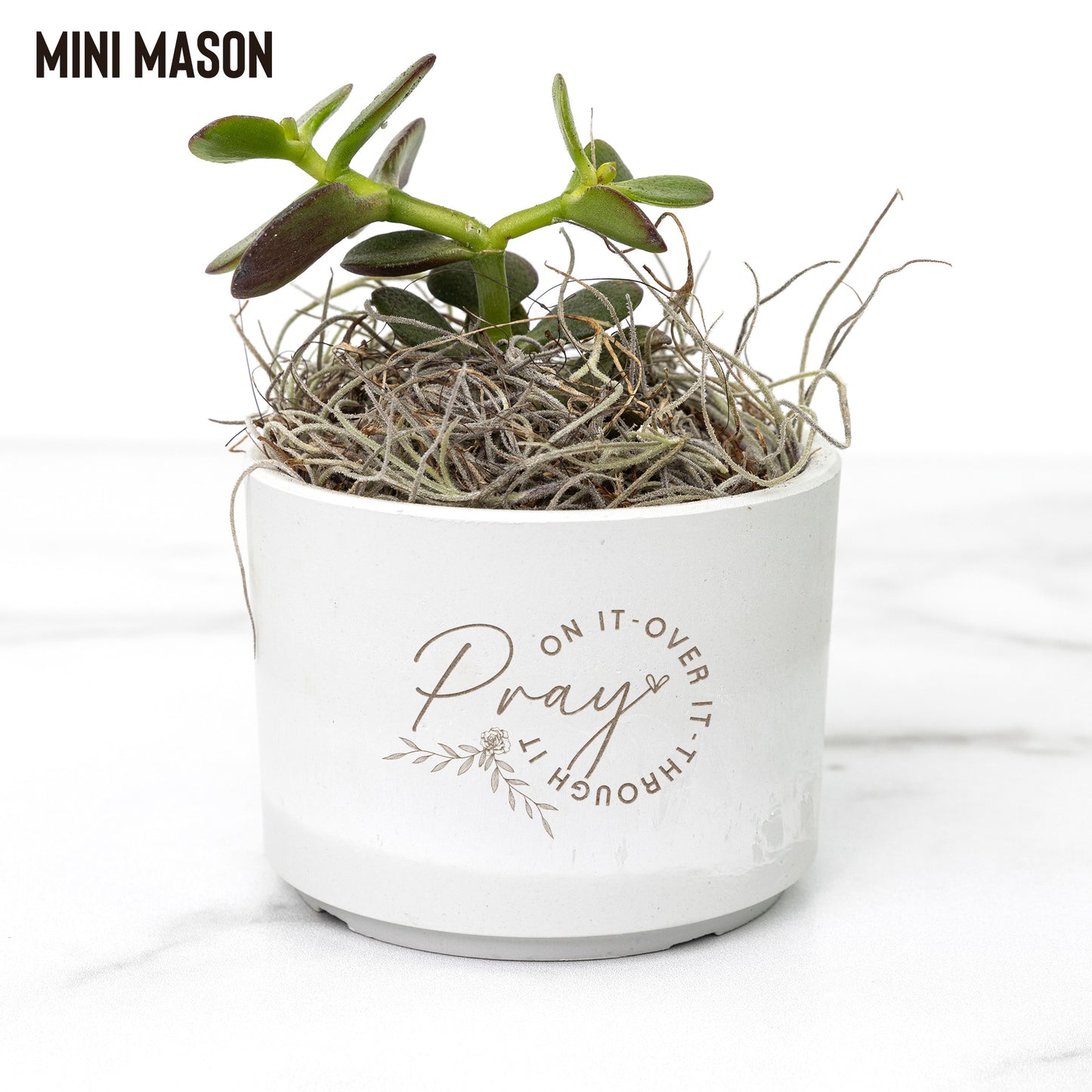 “Pray on It, Over It, and Through It” Mini Recycled Planter – Eco-Friendly Faith Deco - Kim’s Signature Beauty & Accessories    (Store description)