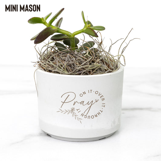 “Pray on It, Over It, and Through It” Mini Recycled Planter – Eco-Friendly Faith Deco - Kim’s Signature Beauty & Accessories    (Store description)